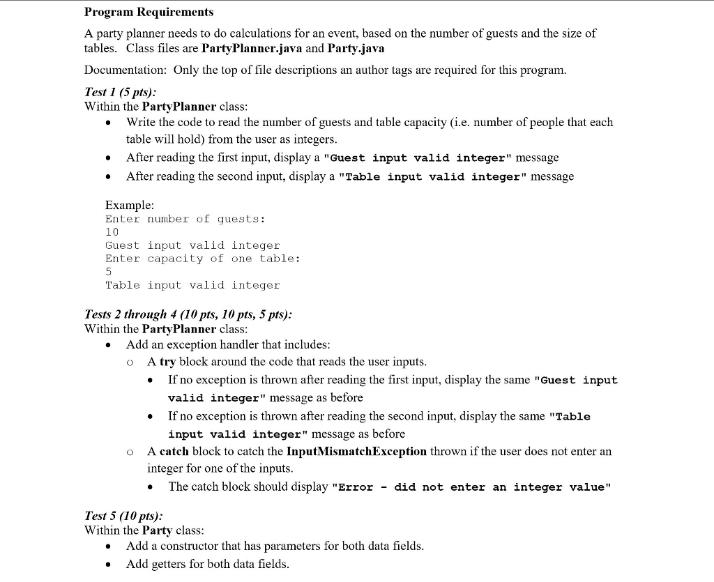 Java Program Requirements A party planner needs to do calculations for an