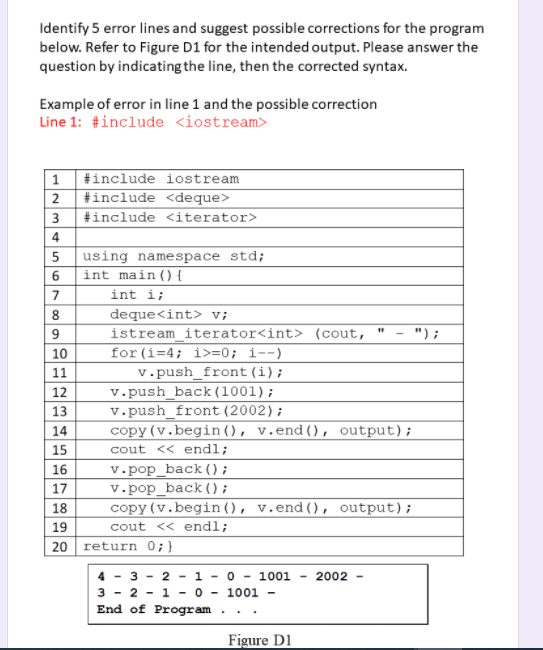 c++ language Identify 5 error lines and suggest possible corrections for the