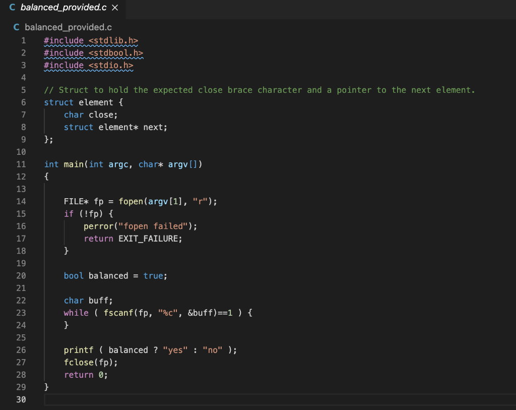 Code in C DIRECTIONS: C balanced_provided.c X C balanced_provided.c 1 #include 2