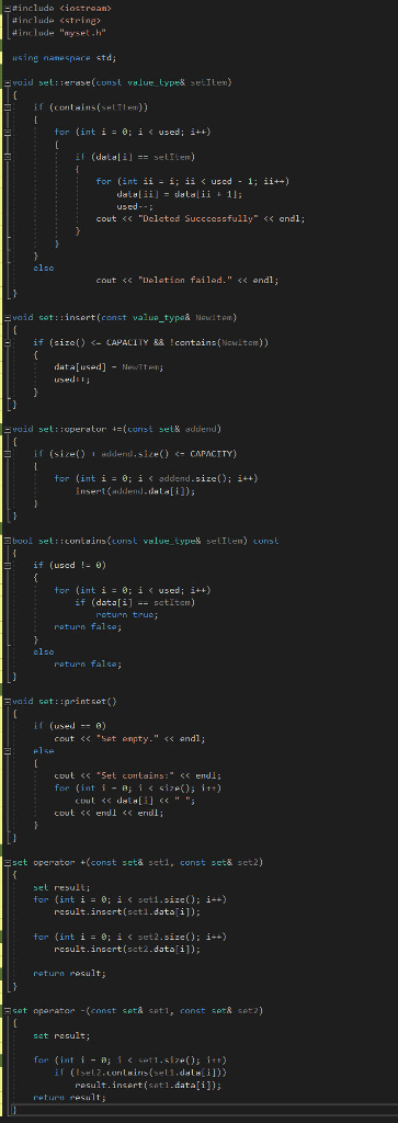 add an "intersection" function to my "myset.h" and "set.cpp" files, that have