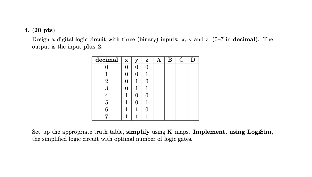  (20 pts) Design a digital logic circuit with three (binary) inputs: