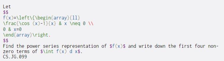  Let $$ f(x)=\left\{\begin{array}{11} \frac{\cos (x)-1}{x} & x eq 0 0 &