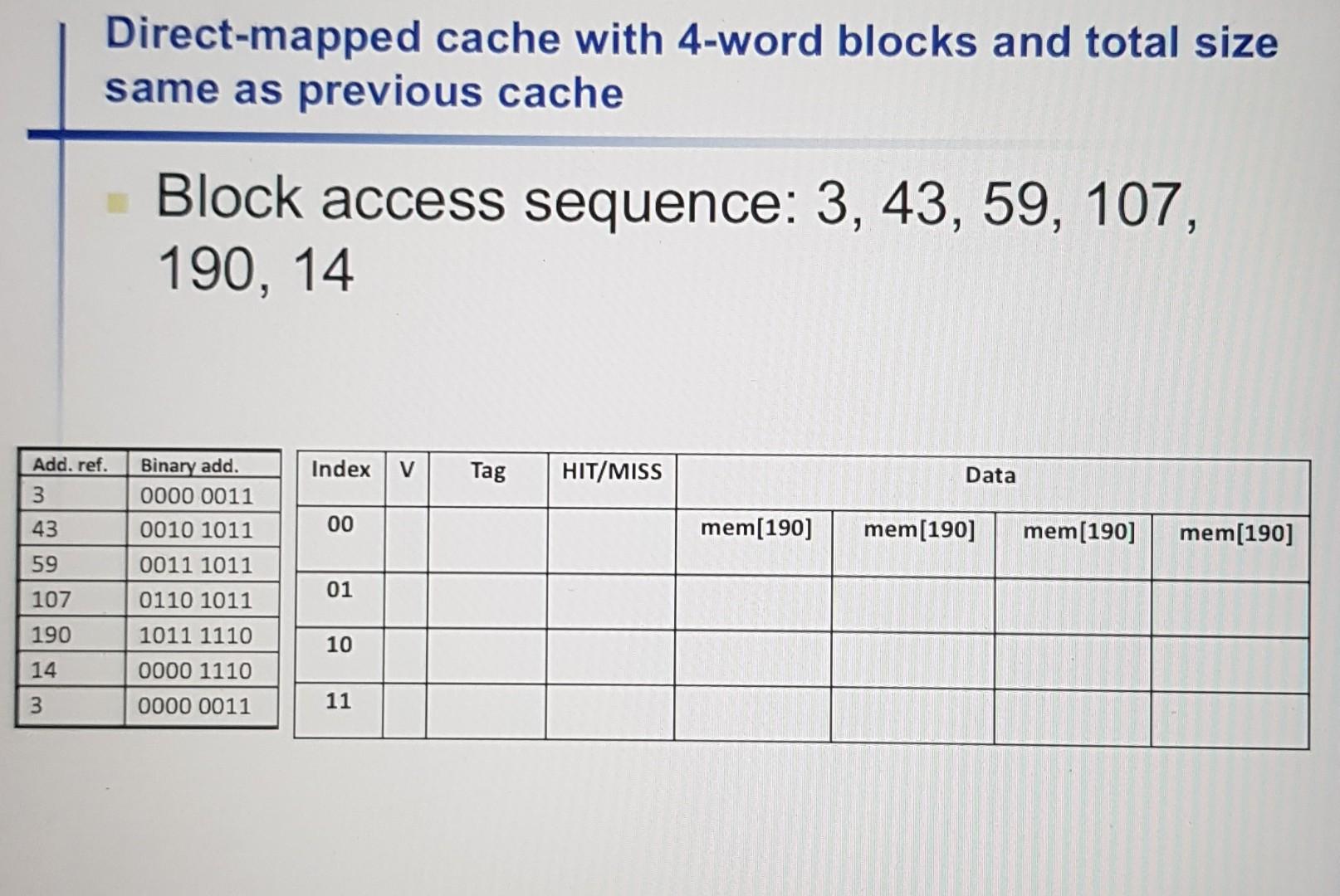 Direct-mapped cache with 4-word blocks and total size same as previous