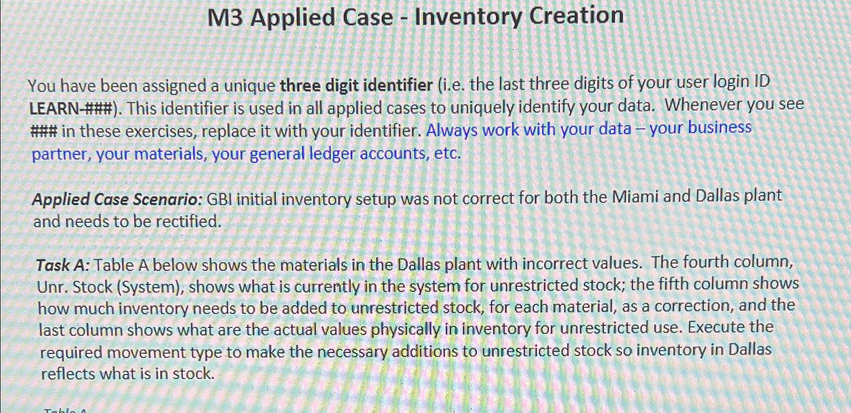  M3 Applied Case - Inventory Creation You have been assigned a