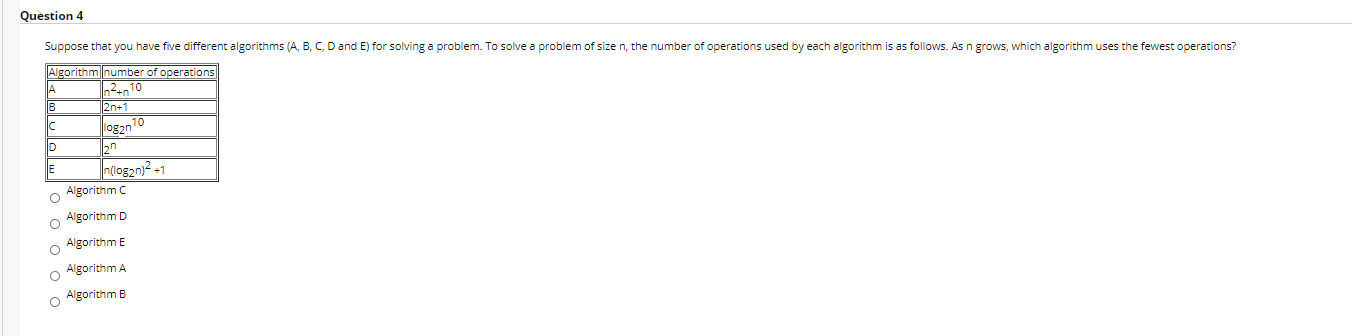 Question 4 Suppose that you have five different algorithms (A, B,
