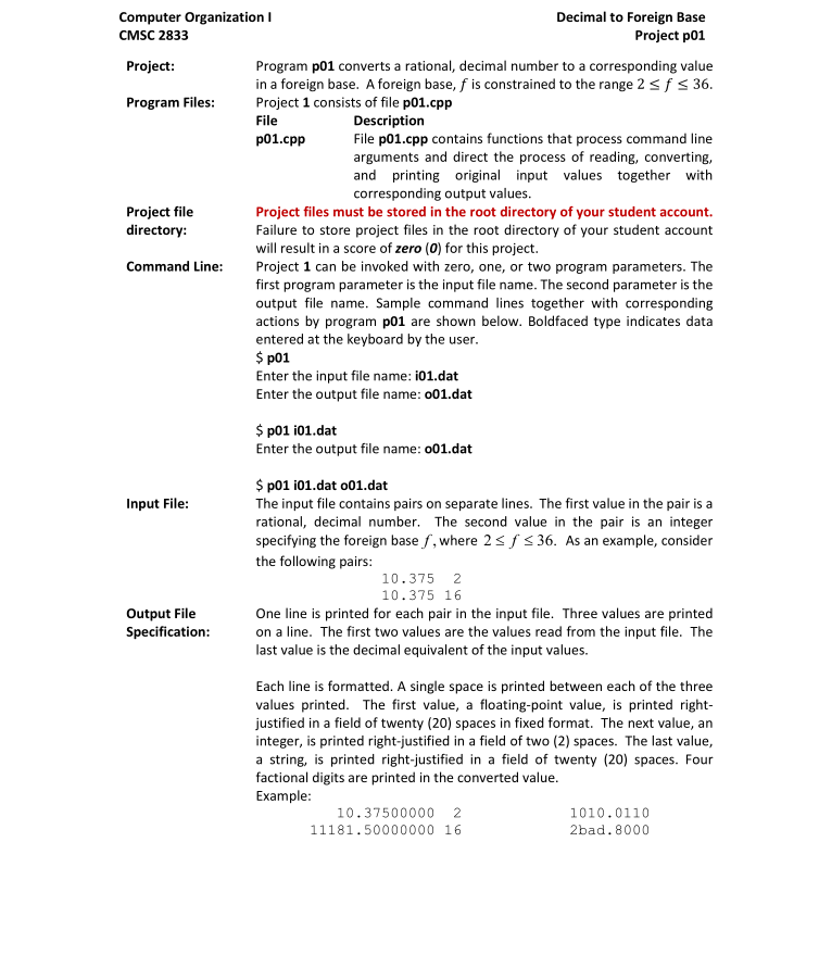 C++ Problem Computer Organization I CMSC 2833 Decimal to Foreign Base Project