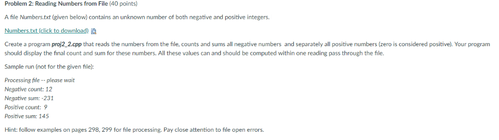  Problem 2: Reading Numbers from File (40 points) A le Numbers.txt