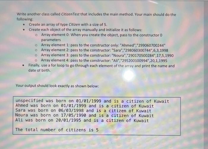 following two classes: Class Date which has three instance variables: date, month,