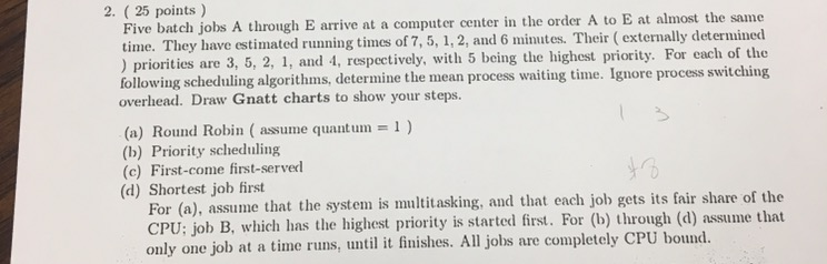  Five batch jobs A through E arrive at a computer center