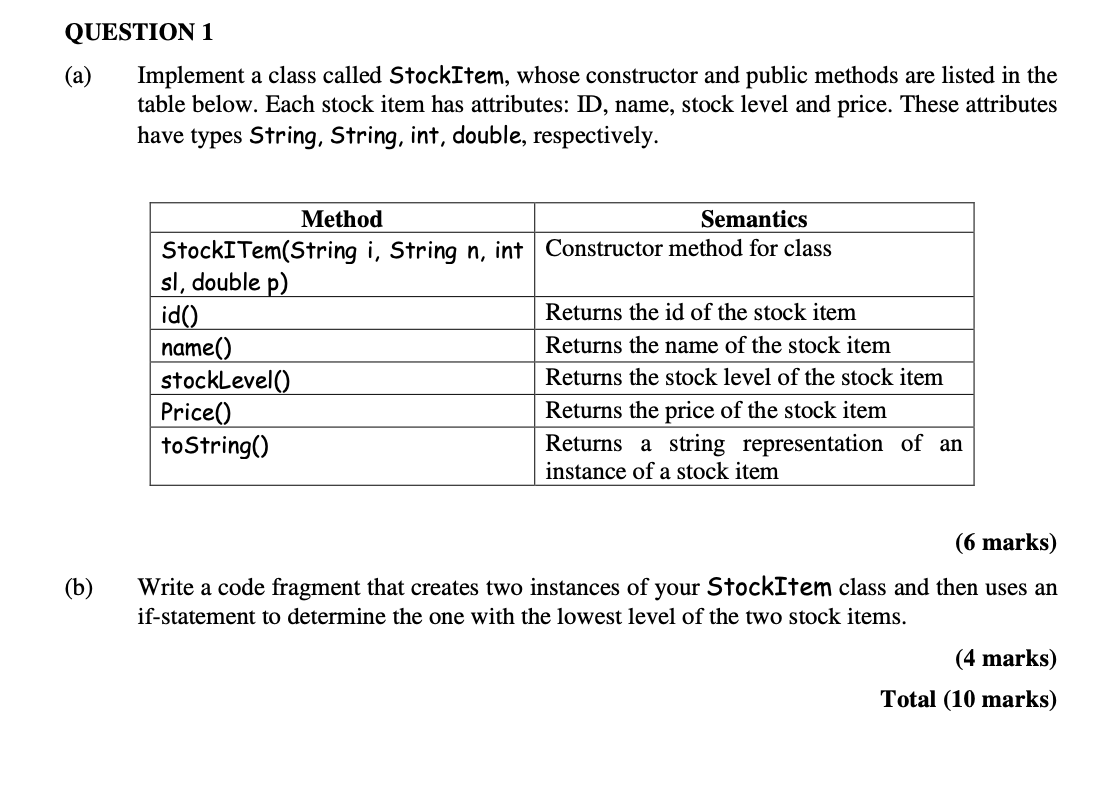  QUESTION 1 (a) Implement a class called StockItem, whose constructor and
