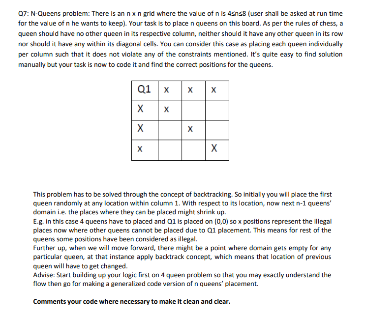  Q7: N-Queens problem: There is an nxn grid where the value