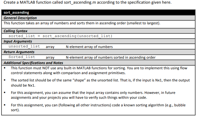  Create a MATLAB function called sort_ascending.m according to the specification given
