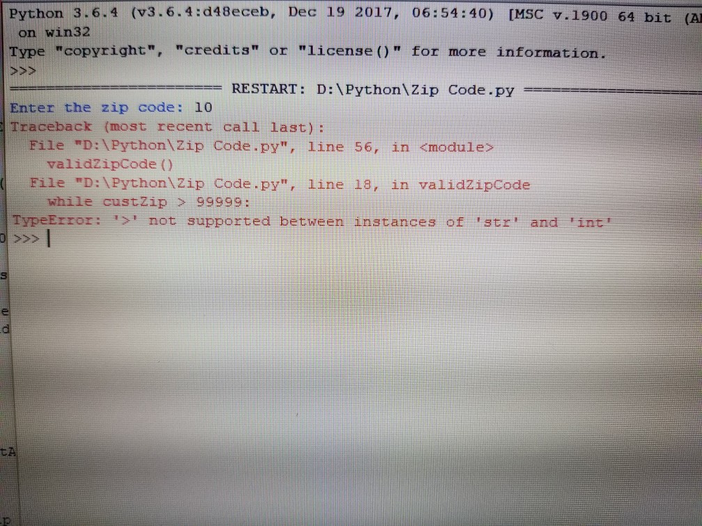 custZip = 0 custAge0 Items0 valid!t 1 Python 3.6.4 S e Edit