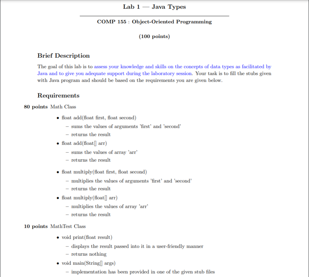  Lab 1 - Java Types COMP 155 : Object-Oriented Programming (100