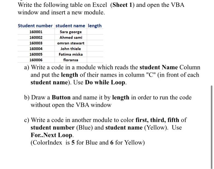  Write the following table on Excel (Sheet 1) and open the