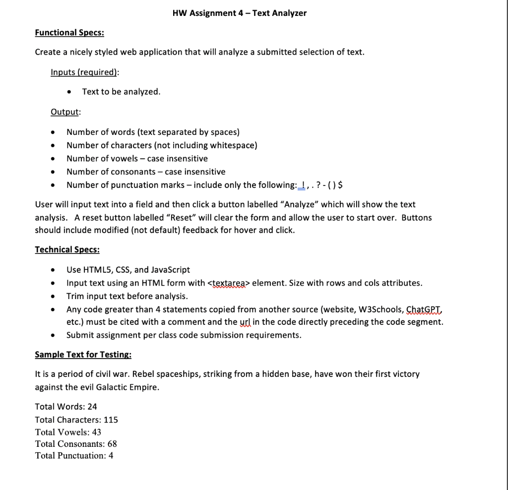 HW Assignment 4 - Text Analyzer Functional Specs: Create a nicely