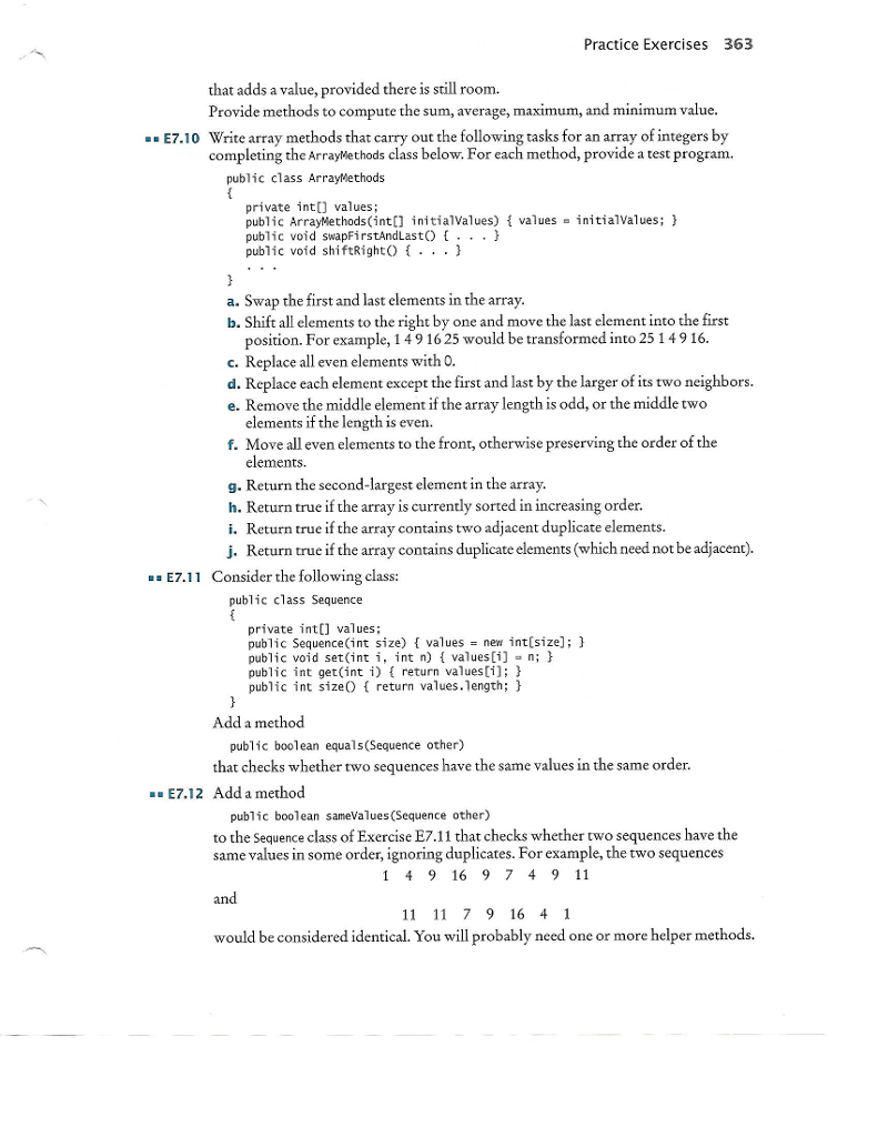 I'm having trouble writing methods for problem set E7.10 (a-j) Practice Exercises