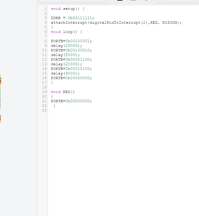 Below is my Arduino Program for a 2-way traffic controller (6-LED's) with