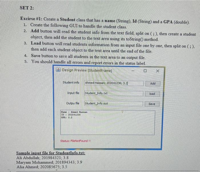 Java (Jframe form) Excirse \#1: Create a Student class that has a