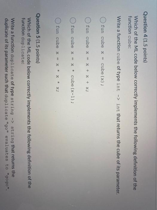 Question 4 (1.5 points) Which of the ML code below correctly
