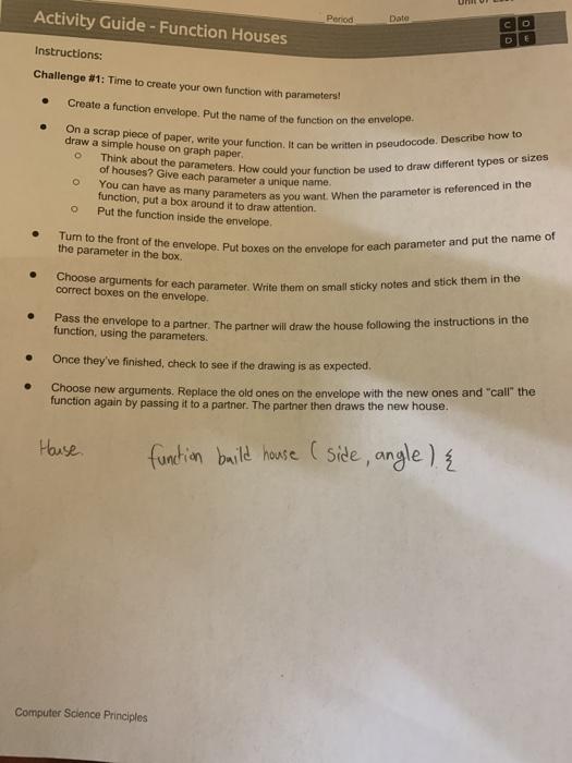  Activity Guide - Function Houses Perod Date O alo D E