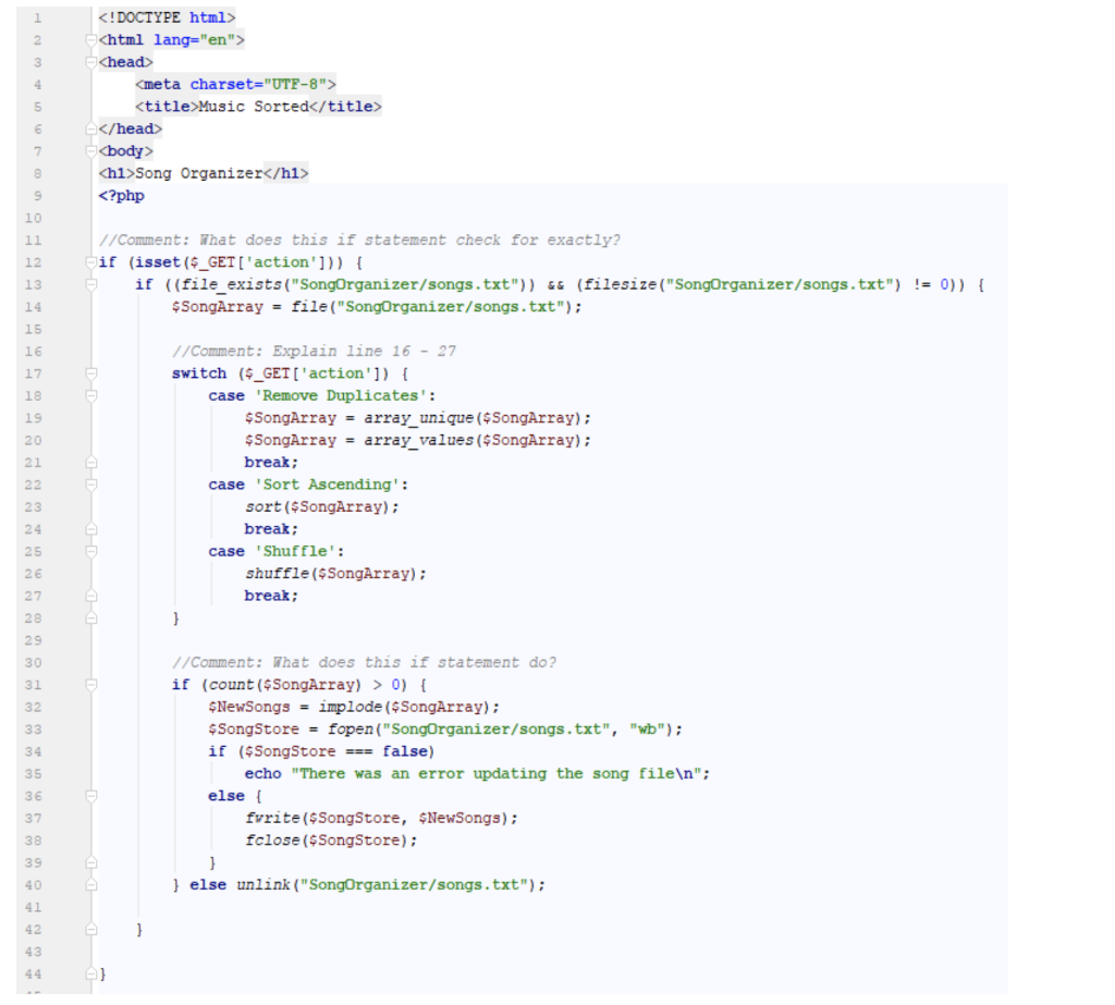 The sample code provided is a Song Organizer script that stores songs