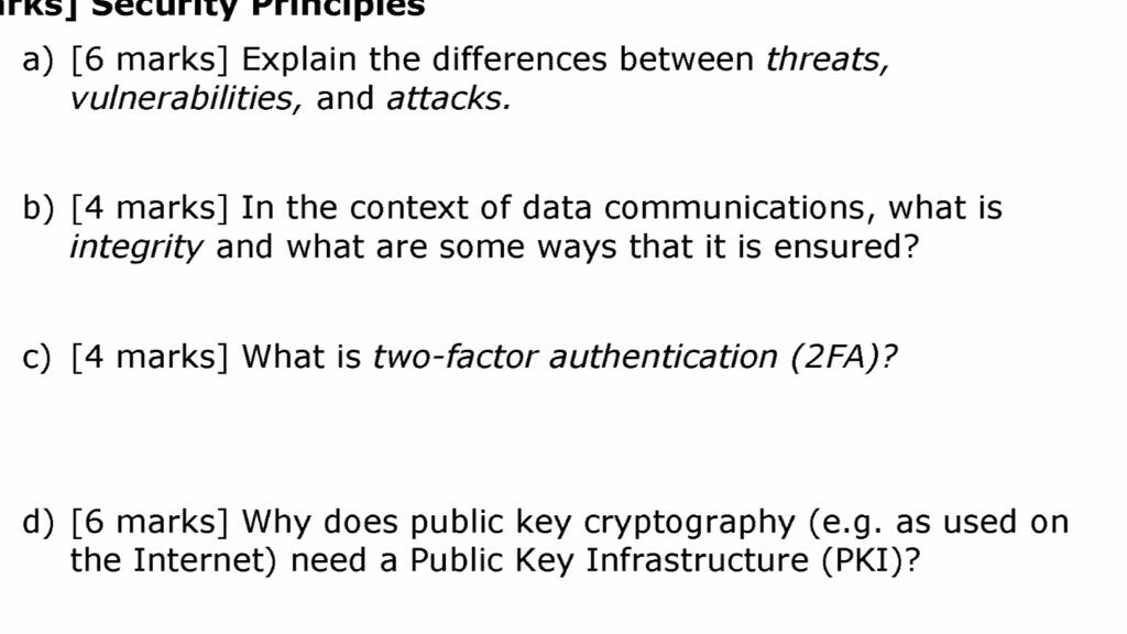  FKSSecurity Principles a) [6 marks] Explain the differences between threats, vulnerabilities,