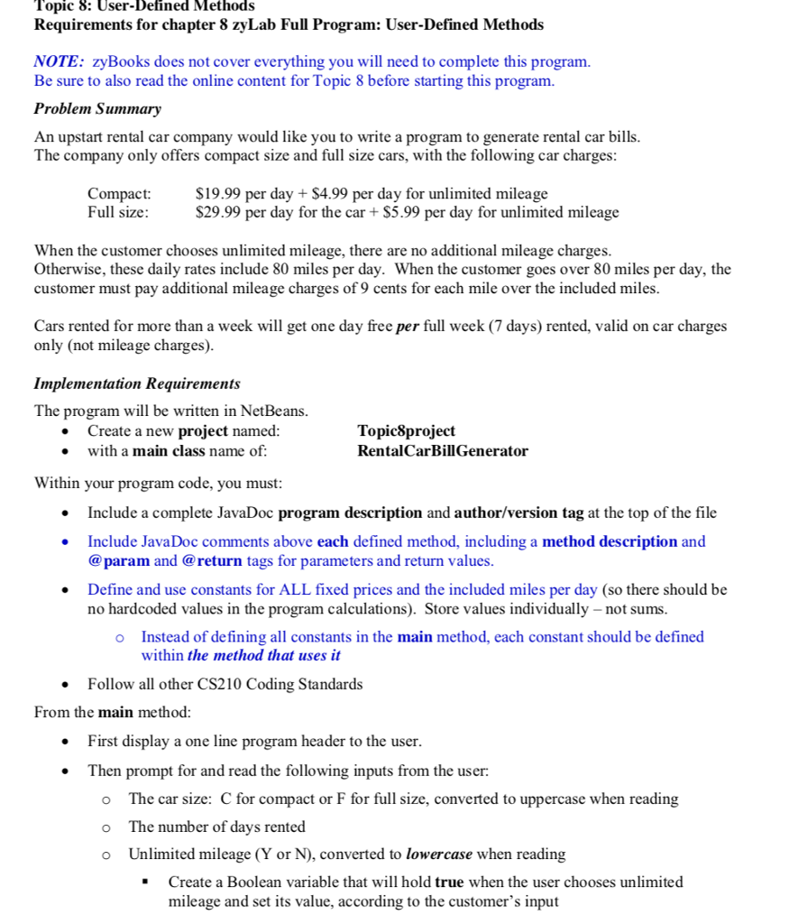 Popic 8: User-Defined Methods Requirements for chapter 8 zyLab Full Program: