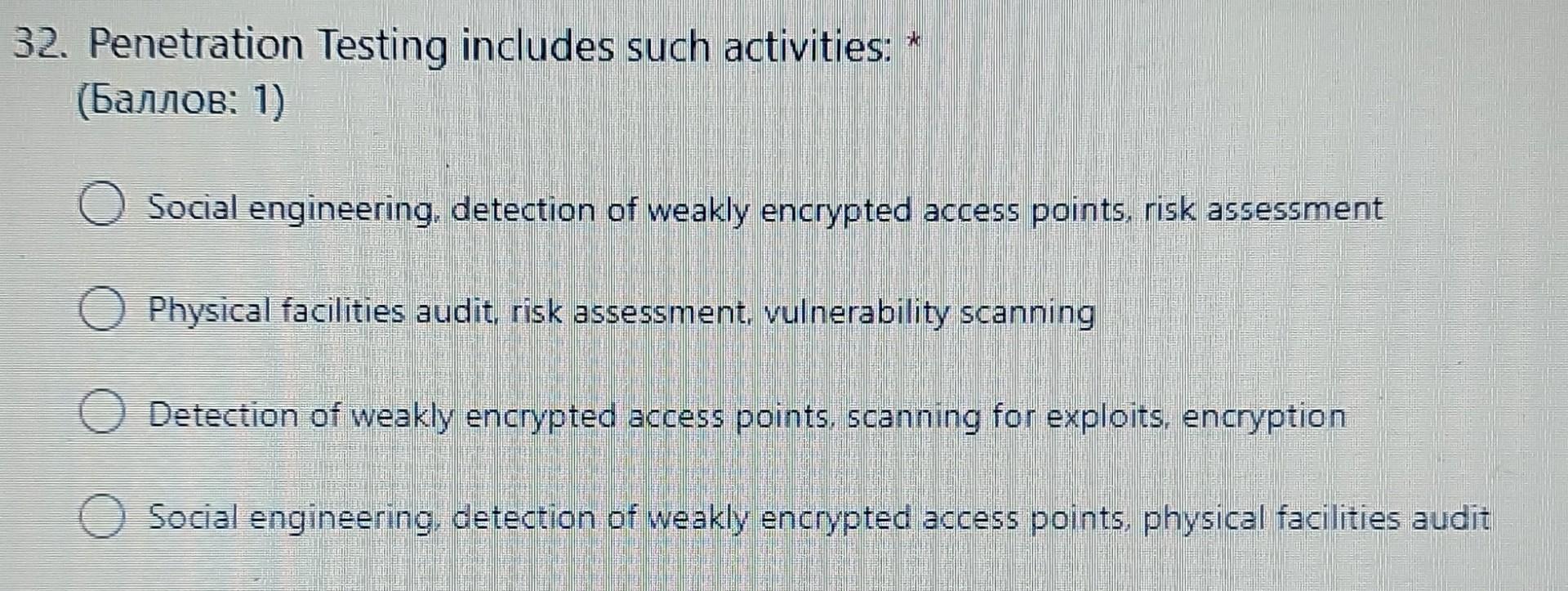 32. Penetration Testing includes such activities: * (: 1) Social engineering,