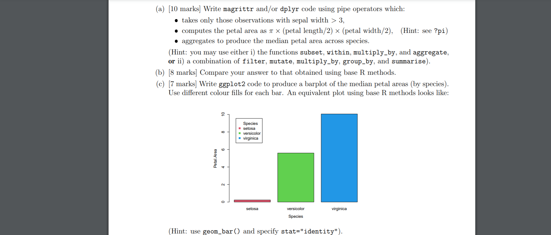 in r code please (a) [10 marks] Write magrittr and/or dplyr code