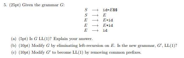  5. (25pt) Given the grammar G: - E E E id=E$$