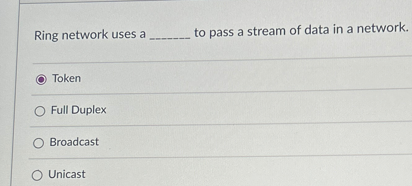  Ring network uses a q, to pass a stream of data
