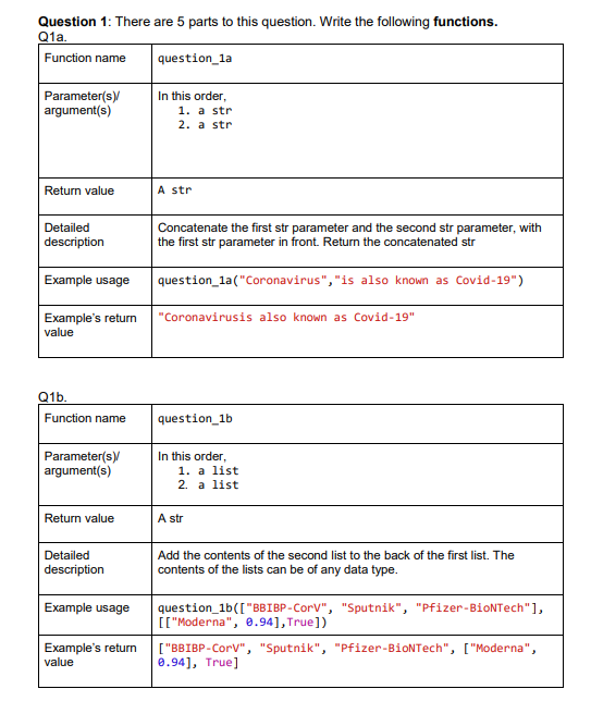 use python Question 1: There are 5 parts to this question. Write