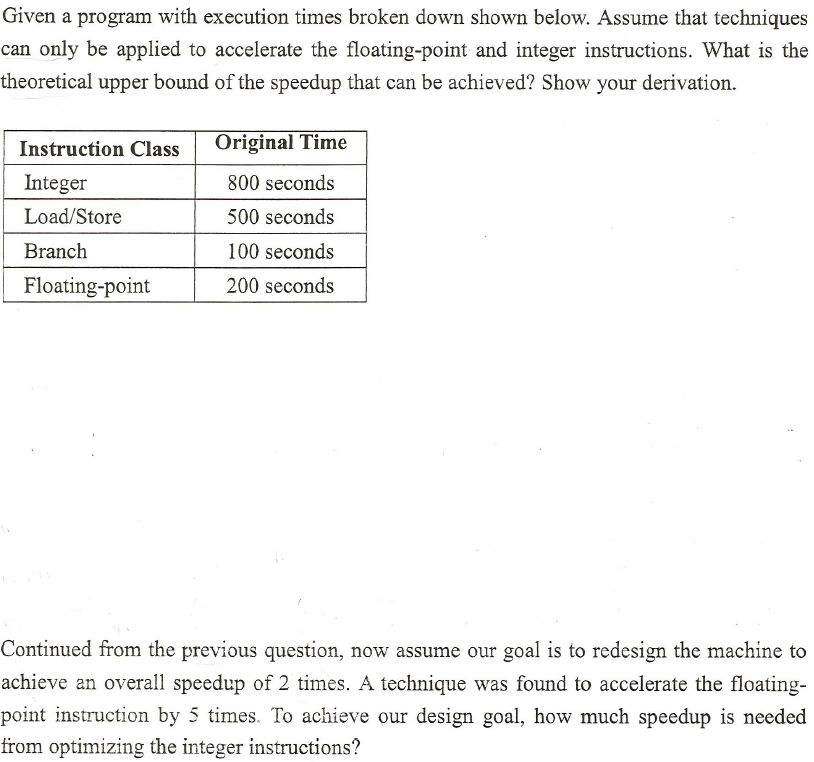 Given a program with execution times broken down shown below. Assume