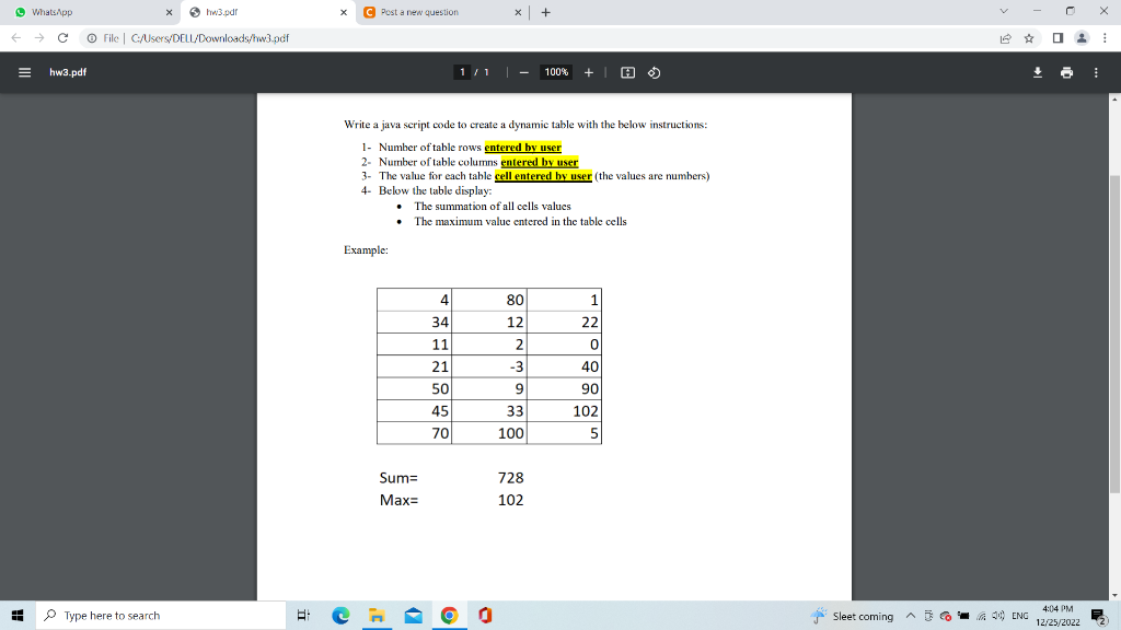 Write a java script code to create a dynamic table with