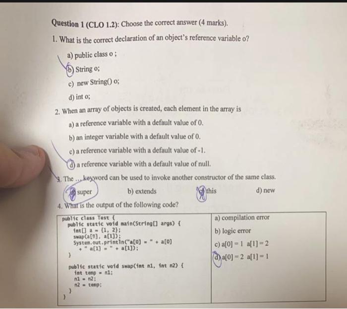  java what is the right answer 1, 2, 3,4 Question 1