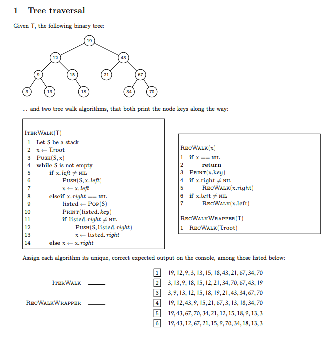  1 Tree traversal Given T, the following binary tree 19 12