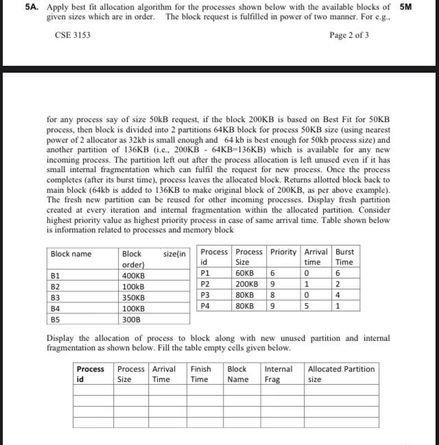  5A. Apply best fit allocation algorithm for the processes shown below