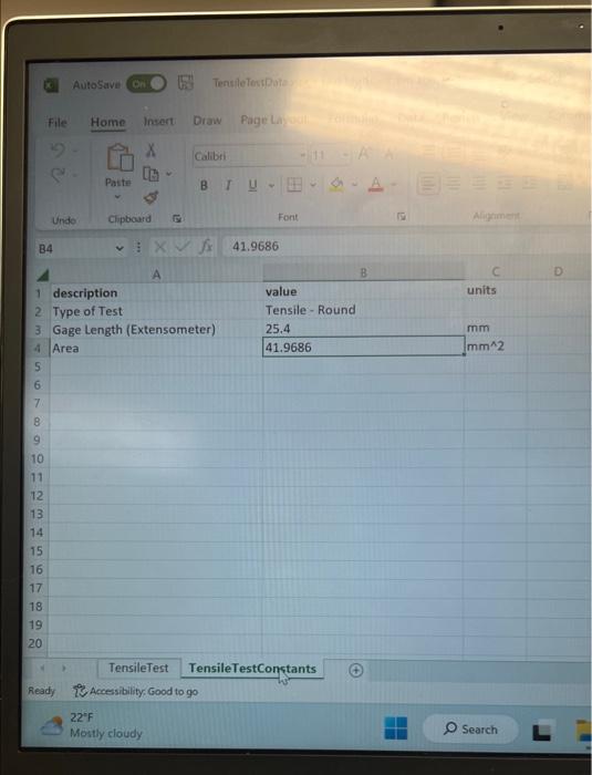 sheetname = TensileTest into a pandas dataframe. - Then extract the force