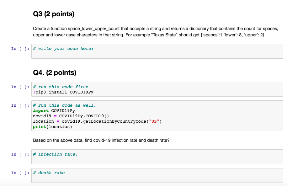 python Q3 (2 points) Create a function space_lower_upper_count that accepts a string