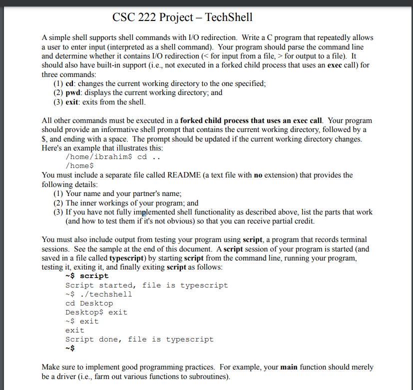  CSC 222 Project TechShell A simple shell supports shell commands with
