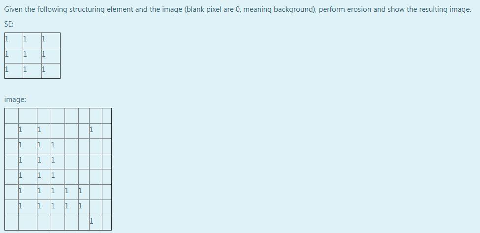  Given the following structuring element and the image (blank pixel are