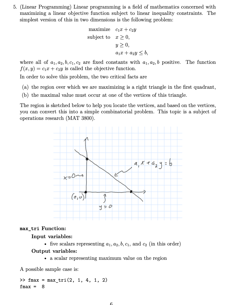 MATLAB - logical, relational, and arithmetic operators only ! 5. (Linear Programming)