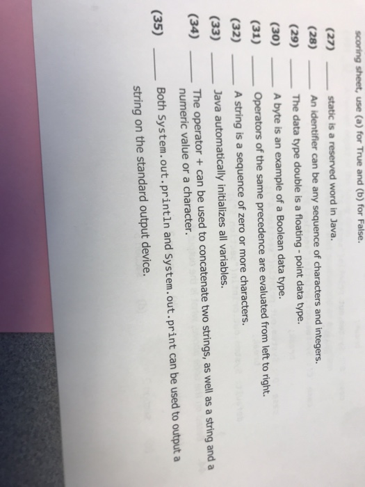  scoring sheet, use (a) for True and (b) for False. (27)static