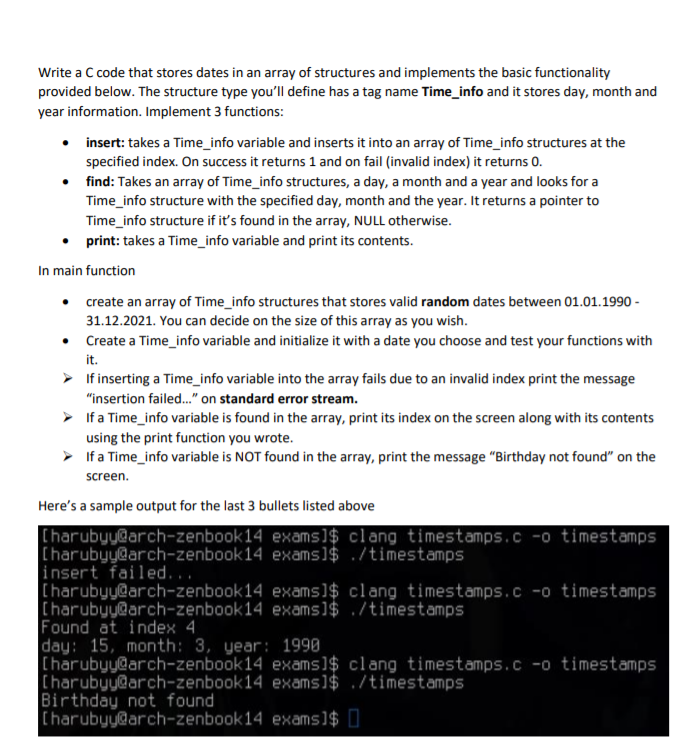  Write a C code that stores dates in an array of