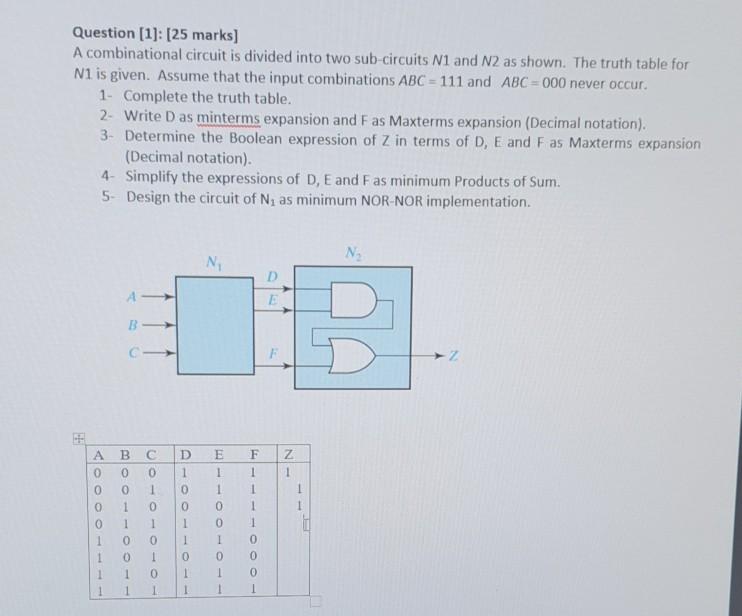  Question [1]: [25 marks) A combinational circuit is divided into two