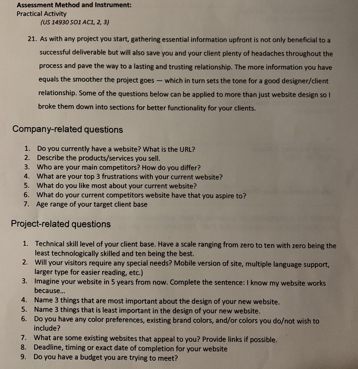  Assessment Method and Instrument: Practical Activity (US 14930 SO1 AC1,2,3) As
