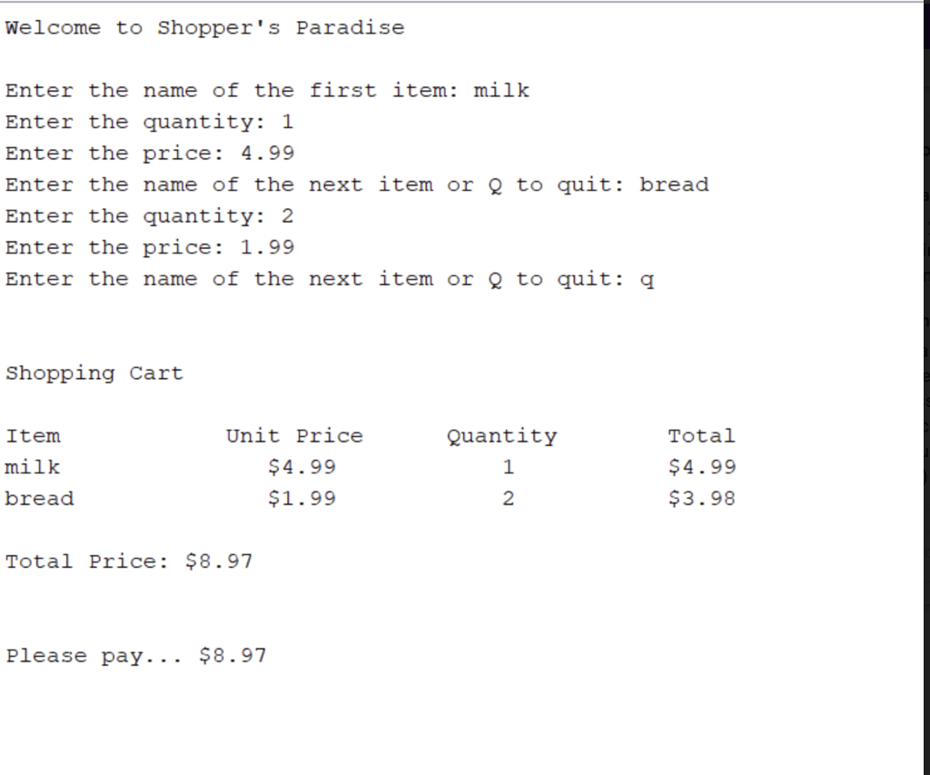 ShoppingCart - array (see image below for sample output) Item class: creates