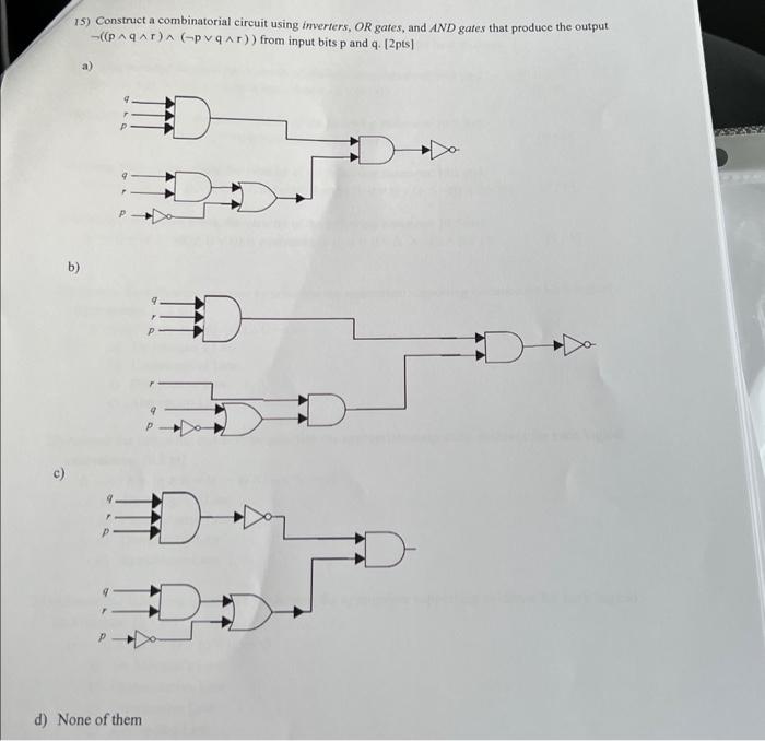  i5) Construct a combinatorial circuit using imeriers, OR gates, and AND