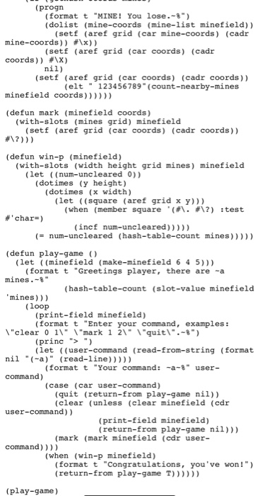 minefield ( (mines :initform (make-hash-table :test #equal)) (width :initarg :width) (height :initarg